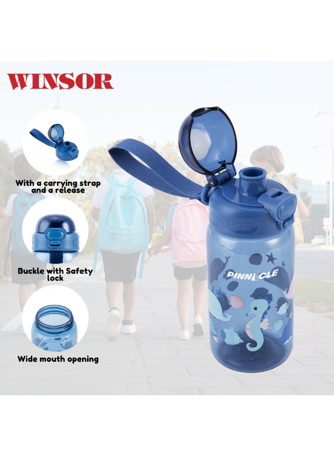 Winsor زجاجة مياه بيناكل برومست للأطفال مع قشة وحزام حمل - 600 مل زجاجات مياه خالية من BPA للأطفال، سهلة التنظيف، زجاجة مياه للأطفال للمدرسة، زجاجة مياه للأطفال - زرقاء - Image 4